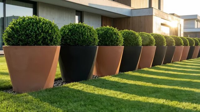 front lawn landscaping ideas. A row of neatly trimmed greenery in large modern pots casts elongated shadows across a vibrant green lawn, highlighting contemporary architecture
