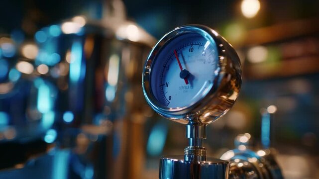 Close-up of a shiny, chrome pressure gauge displaying measurements, emphasizing the intricate design and dial features with a soft-focus background highlighting machinery.