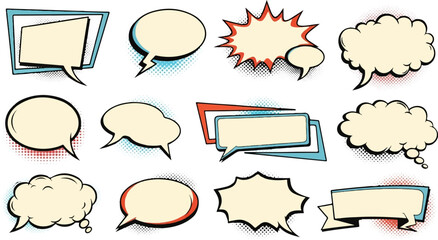 Obraz premium A comic-style collection of empty speech and thought bubbles with halftone dots