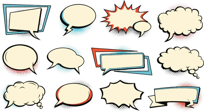 A comic-style collection of empty speech and thought bubbles with halftone dots