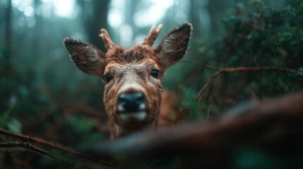 Fototapeta premium A close-up of a deer in a mystical forest setting captures the beauty of wildlife and nature's tranquility, evoking a sense of wonder and connection to the natural world.