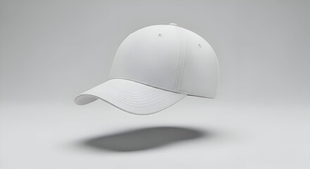 A clean white baseball cap floats in mid air casting a soft shadow on a seamless light gray background perfect for design mockups and branding