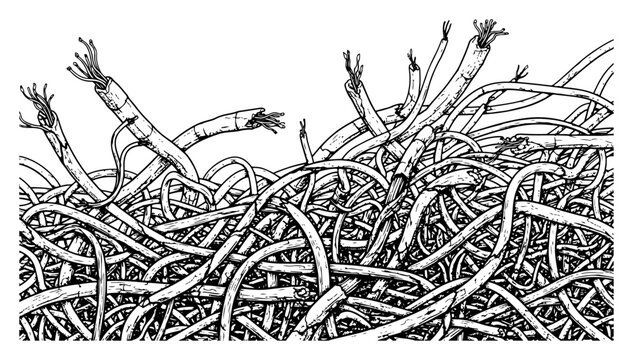 Hand drawn illustration of tangled electric cables and frayed wires