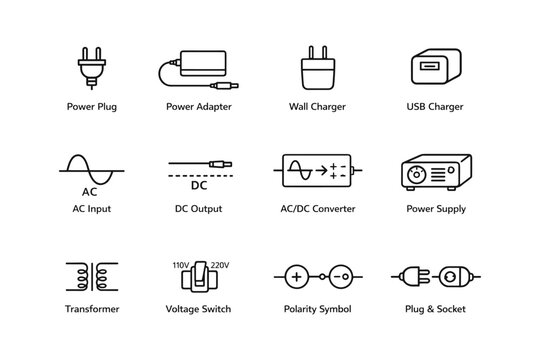 Electrical component symbols: plugs, chargers, transformers, and power supply diagrams