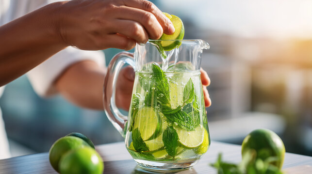 Close-up of faceless hands muddling fresh mint leaves and lime slices in a glass pitcher, Craft Beverage preparation, vibrant green colors, sparkling soda bubbles, sun-drenched ter
