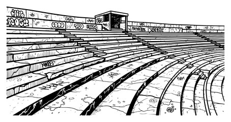 Obraz premium Wide angle perspective of concrete amphitheater stairs with urban graffiti in hand drawn ink style
