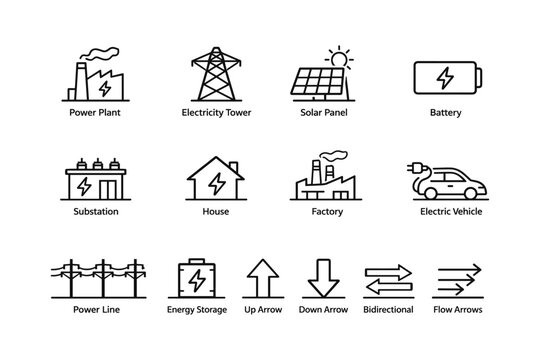 Energy icons: power plant, solar panel, electric vehicle, battery, arrows
