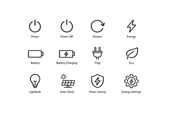 Power and energy icons: battery, plug, lightbulb, eco, solar panel, energy settings