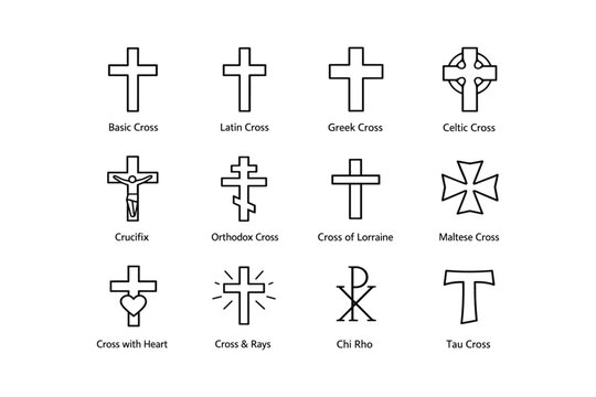 Collection of christian cross symbols: basic, latin, greek, celtic, crucifix, orthodox