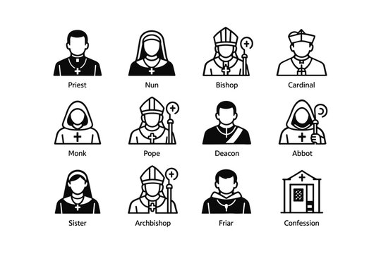 Clerical roles icons: priest, nun, bishop, cardinal, deacon, abbot, confession