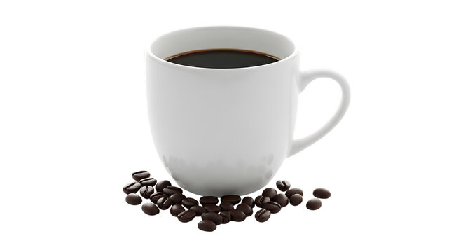 White mug of black coffee surrounded by roasted coffee beans at the base isolated on transparent background drink beverage caffeine morning hot aroma energy dark brew espresso americano fresh tasty