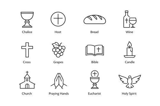 Christian symbols: chalice, cross, bible, eucharist, holy spirit icons