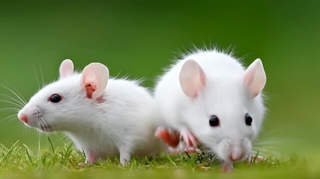 Two white mice running together in a lush green meadow, captured from a low angle viewpoint