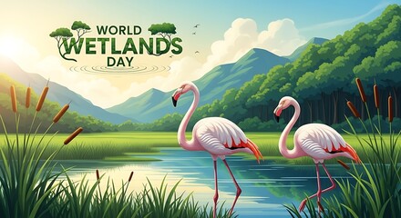  Illustration for world wetlands day showcasing flamingos in a serene wetland landscape, promoting the importance of conservation and awareness