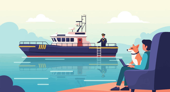 A man and his dog relax by the water with a ship and captain nearby