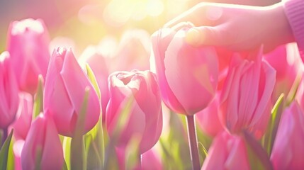 Gentle hand touching vibrant pink tulips in sunny spring garden, beautiful bokeh and soft lens flare