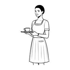 Dibujo con líneas de una mujer con uniforme de camarera, llevando una bandeja con una taza de café en un plato © teracreonte