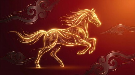 Fototapeta premium Glowing Golden Light Horse Running on Red Background Chinese New Year 2026 Concept