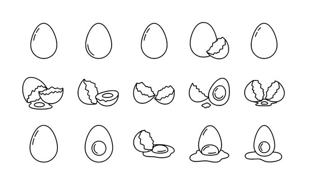 Egg and broken egg outline icon vector set with black line food symbols isolated on white