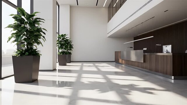 Modern Corporate Lobby Interior with Lush Green Plants and Reception Desk