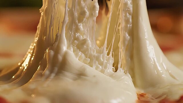 Close-up shot of melted mozzarella cheese being pulled apart, revealing a gooey, stringy texture with a warm, golden light.
