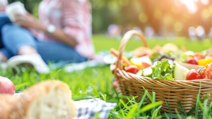 Healthy picnic basket with fresh food on green grass in a sunny park, people relaxing in background