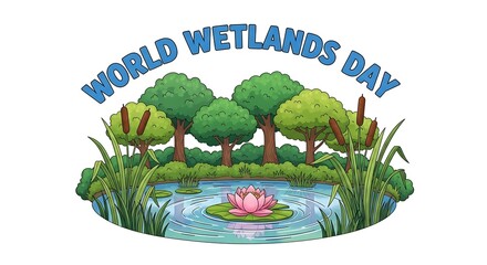  Celebrating world wetlands day with a colorful illustration of a thriving wetland ecosystem with diverse flora and fauna