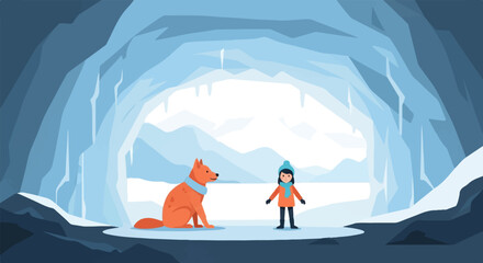 Child and fox in a bright, blue ice cave with icicles