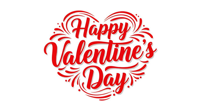 Red Happy Valentine Day typography text with decorative swirls and script font isolated on transparent background greeting holiday lettering message word quote phrase love romance