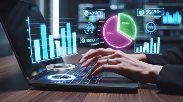 Analyzing data on a laptop with interactive charts and graphs displayed on the screen