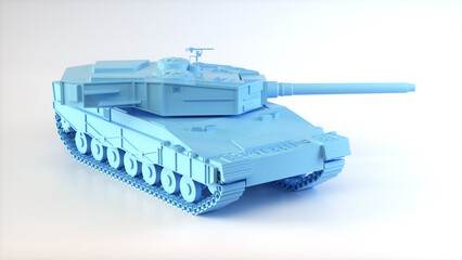3D render of a modern tank created in a monochrome blue palette. The model features clean geometric forms, detailed tracks, turret, and cannon, presented in soft white studio lighting.  © BonikArt