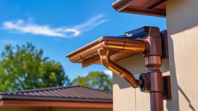 銅製の雨樋が住宅屋根に沿って設置された建築部材
