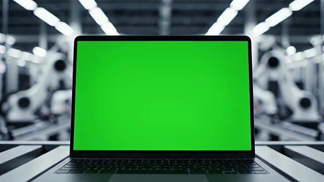 Laptop with green screen on assembly line conveyor belt in industrial factory setting with robotic arms