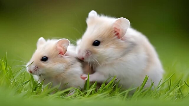 Two hamsters interacting closely in a lush green grassy environment viewed from a slightly elevated angle