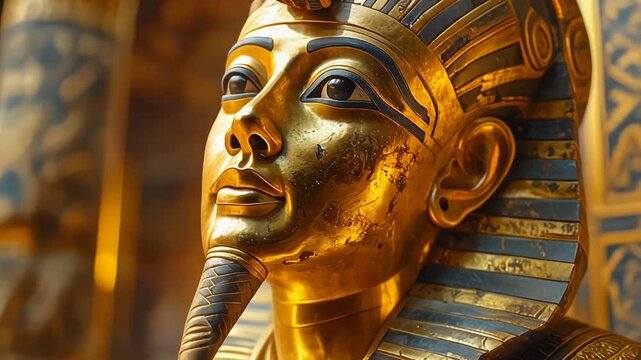 金色に輝く古代エジプト王の仮面を間近で捉えた荘厳な造形
