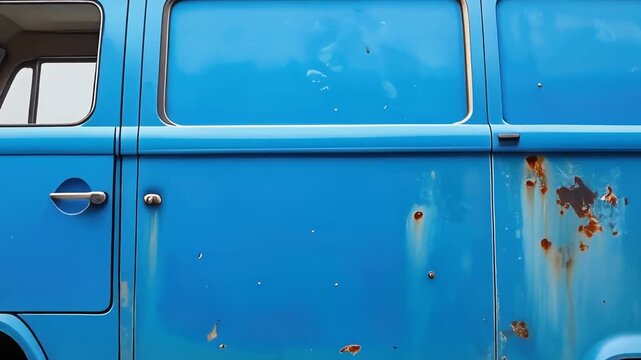 白背景に置かれた青色のクラシックな小型バンの側面ビュー