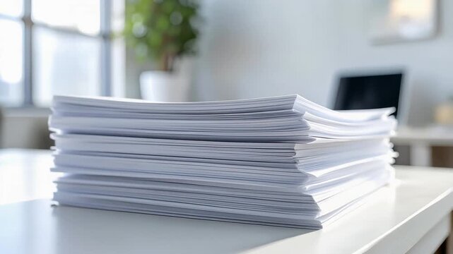明るい室内で机の上に整然と積まれた白い書類の山