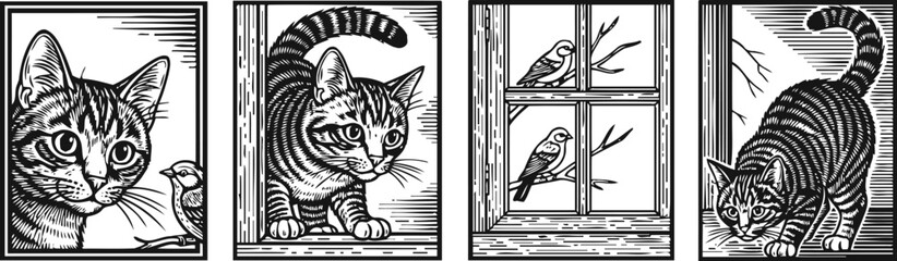 Fototapeta premium black and white illustrations of curious tabby cats observing and interacting with birds at a window