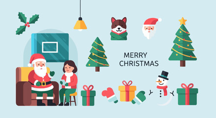 Christmas scene with Santa, a woman, festive icons, and "Merry Christmas" text