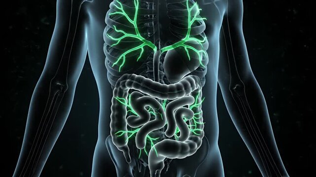 Lymphatic System Anatomy with Green Vessels in Human Body Animated on Dark Background Medical Visualization