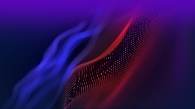 Particles wave Cyber or technology background. Abstract seamless loop of mesh glowing red dots digital luxurious sparkling wave particles flows background, Motion of digital data flow.