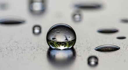 Macro shot of pristine water droplets revealing a miniature reflected world on a dark textured surface, showcasing nature's intricate beauty and physical phenomena