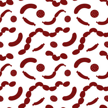Seamless vector sausage pattern featuring linked sausages, individual bratwursts, and round pepperoni slices. Flat design, ideal for butchery branding, BBQ themes, and culinary digital wallpapers.