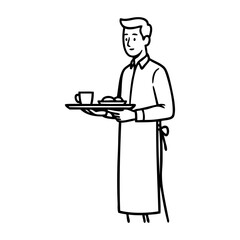 Dibujo con líneas de un hombre con uniforme de camarero, llevando una bandeja con una taza de café con un plato © teracreonte