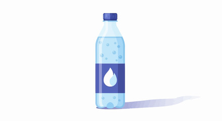 Clear plastic bottle with blue cap filled with water, bubbles, and a label