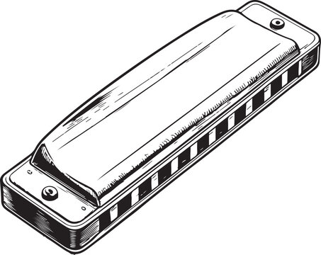 Harmonica Musical Instrument Hand-drawn Sketch Drawing Vector Illustration, Line Linear Symbol Engraving for Coloring Book, Black and White, Isolated