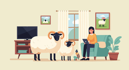 A woman works on a laptop while sheep stand nearby in a living room