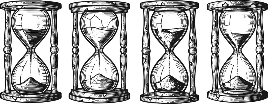 Vintage hourglass collection with flowing sand in wooden frame, classic time measurement devices