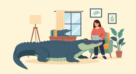 A woman works on a laptop beside a large alligator in a room