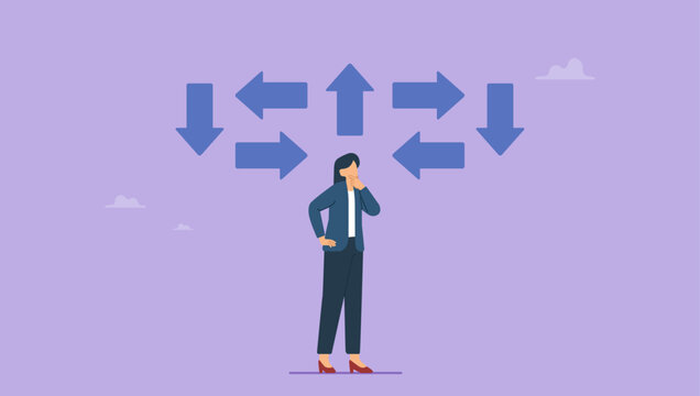Businesswoman thinking and make business decisions. Tough decisions, choosing career path, make choices or think about final result, business directions challenge, confusion or decide options.